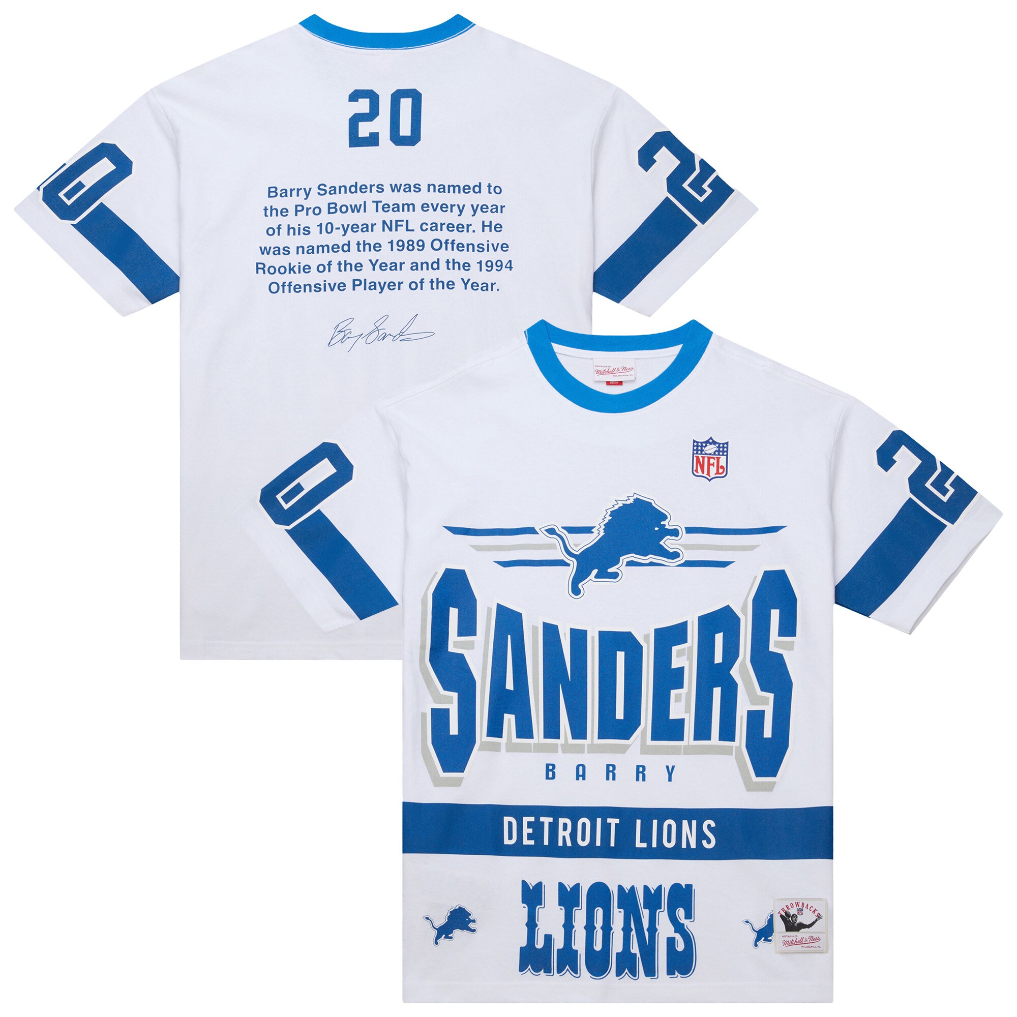 Men's Mitchell & Ness Barry Sanders White Detroit Lions Name & Number Team Origins Vintage Logo T-Shirt