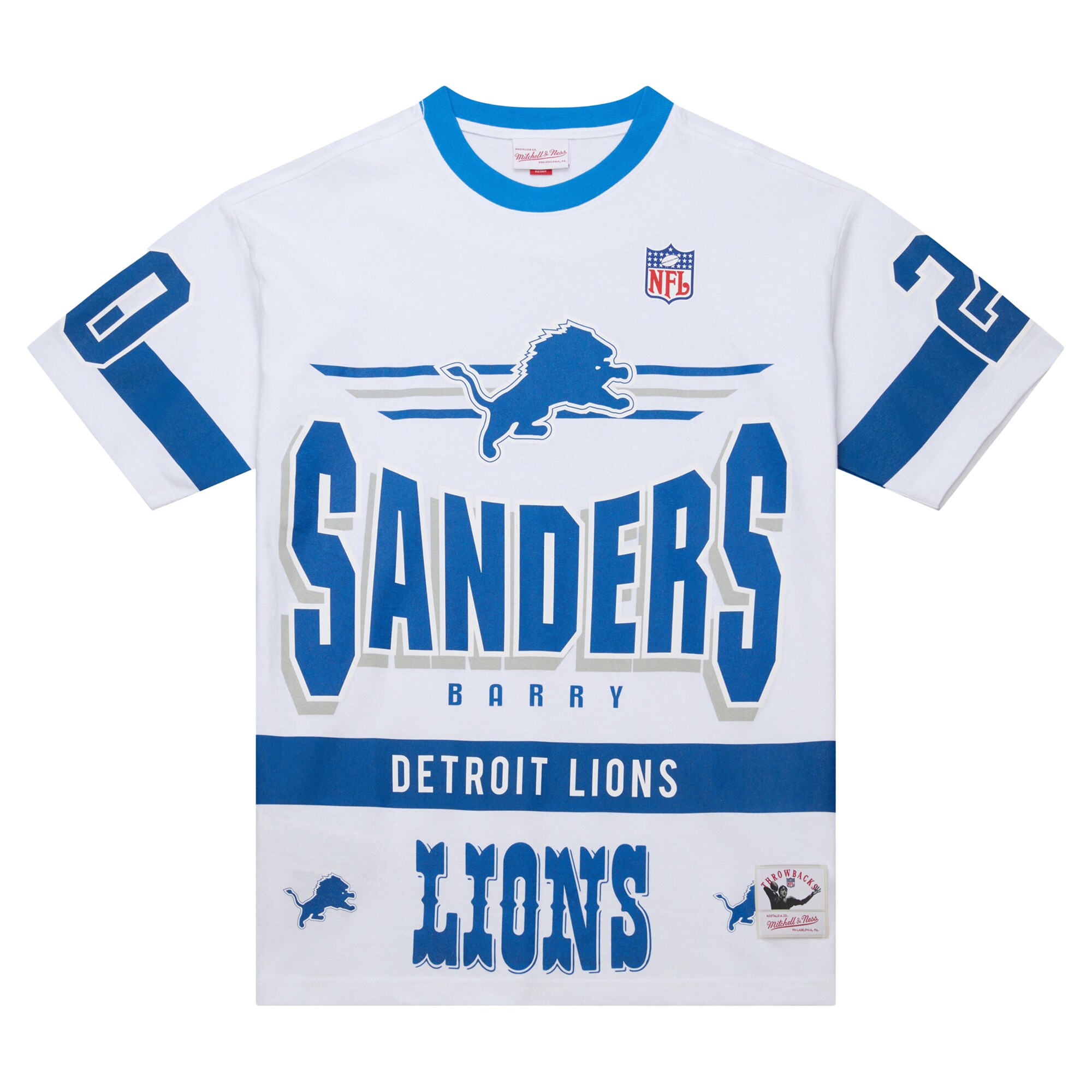 Men's Mitchell & Ness Barry Sanders White Detroit Lions Name & Number Team Origins Vintage Logo T-Shirt
