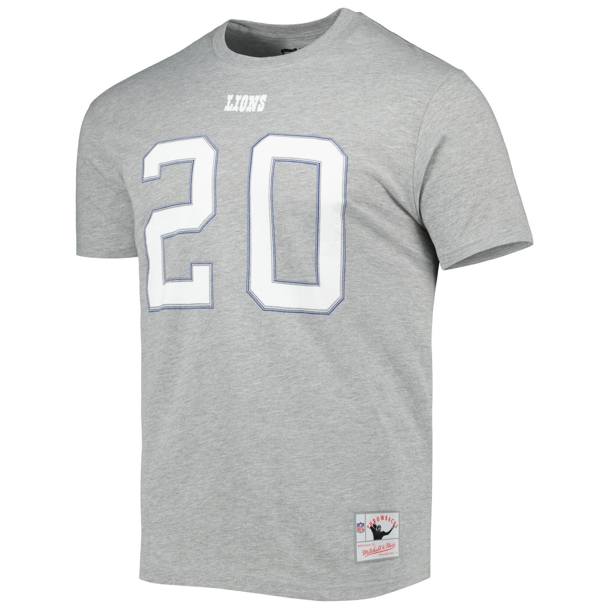 Men's Mitchell & Ness Barry Sanders Gray Detroit Lions Retired Player Logo Name & Number T-Shirt