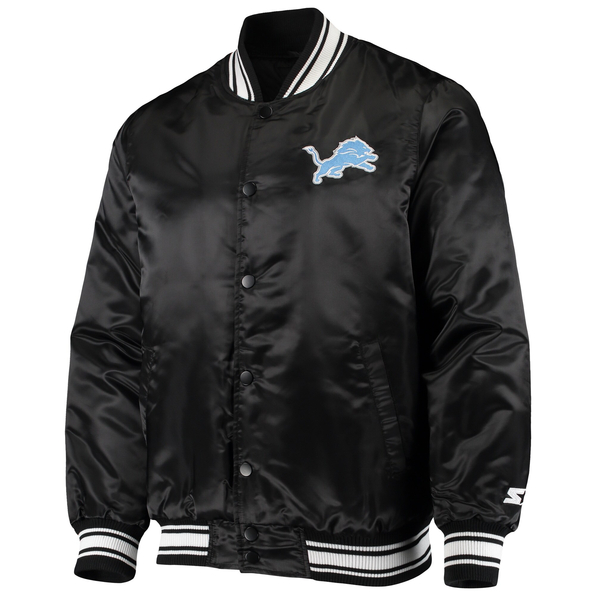 Men's Starter Black Detroit Lions Locker Room Satin Varsity Full-Snap Jacket