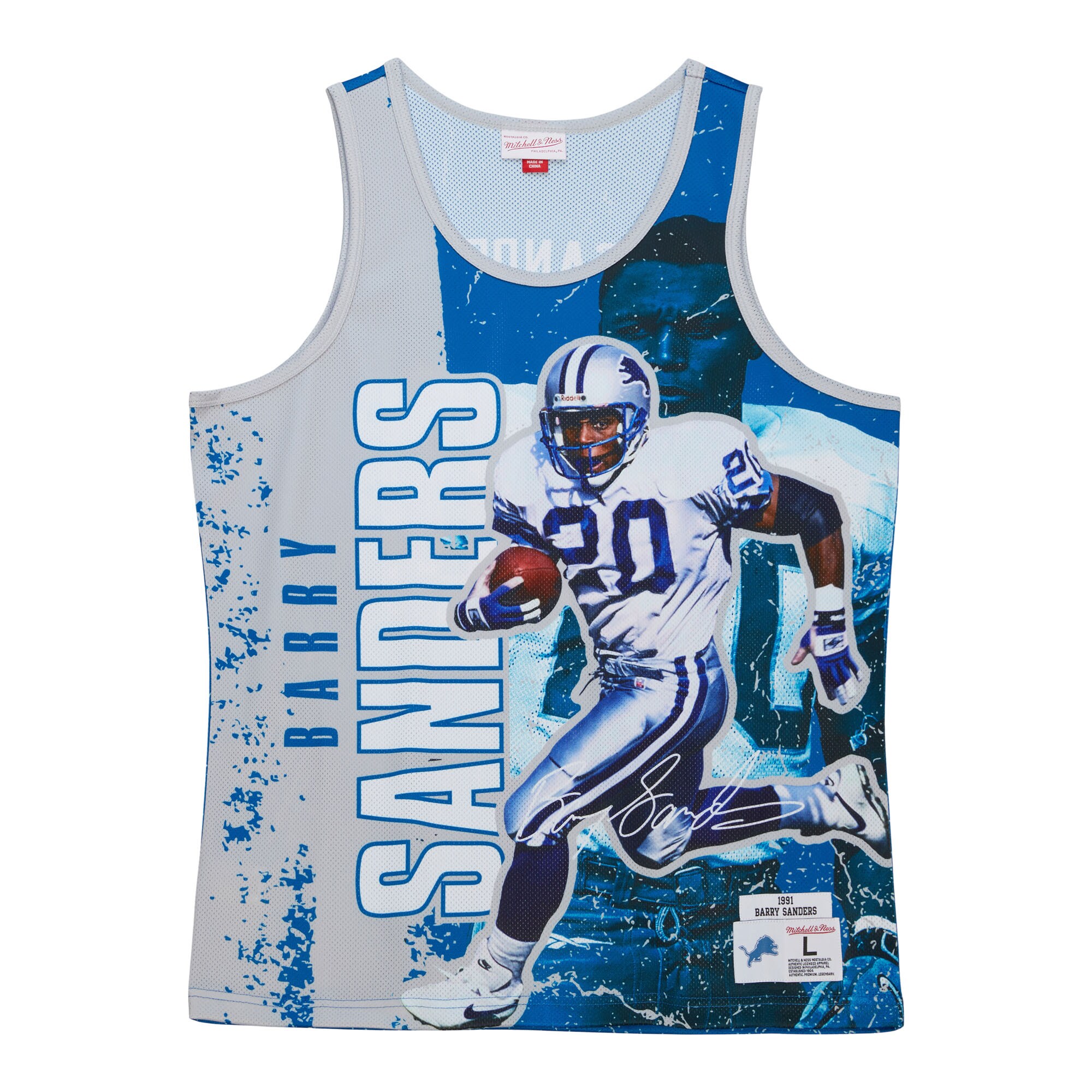 Men's Mitchell & Ness Barry Sanders Blue Detroit Lions 1991 Player Burst Tank Top