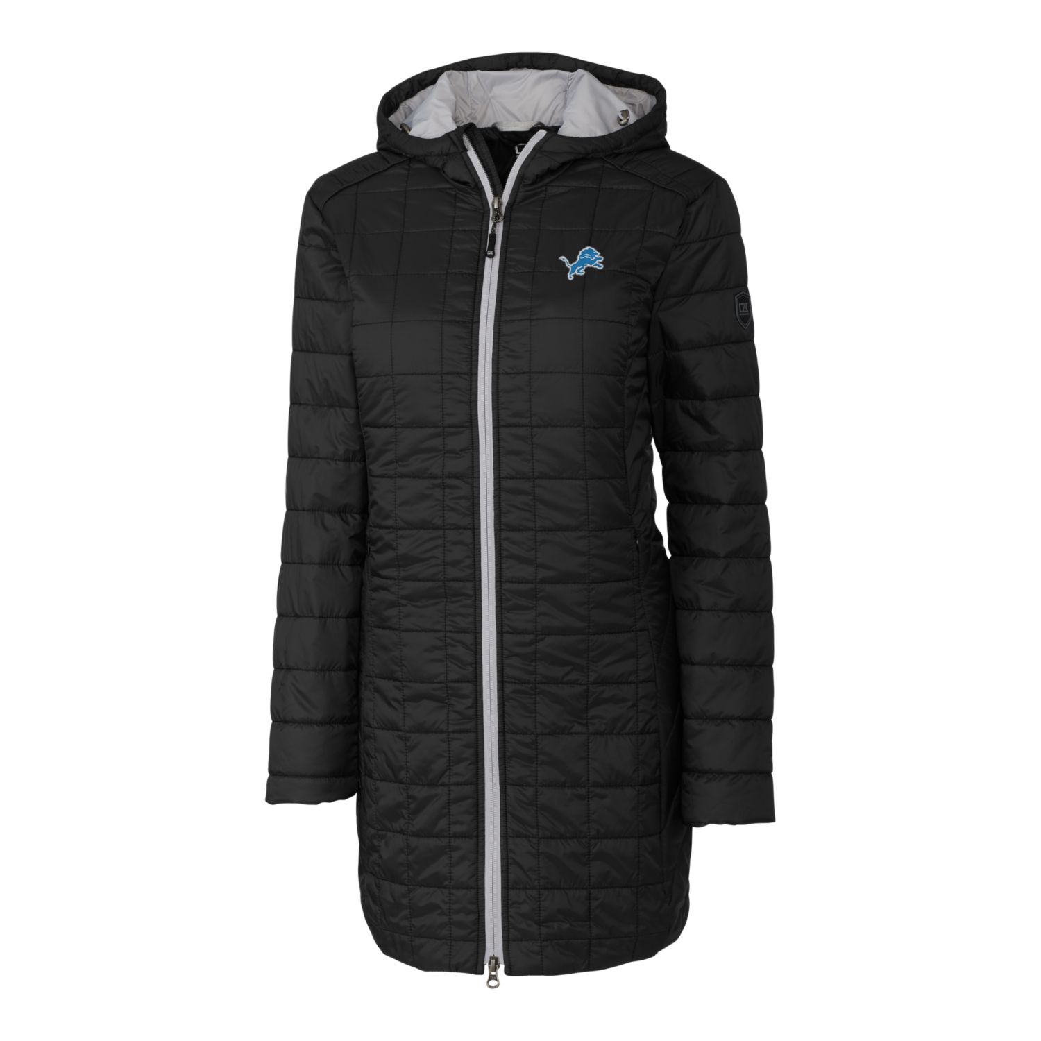 Women's Cutter & Buck Black Detroit Lions Rainier Primaloft Eco Hooded Long Lightweight Coat