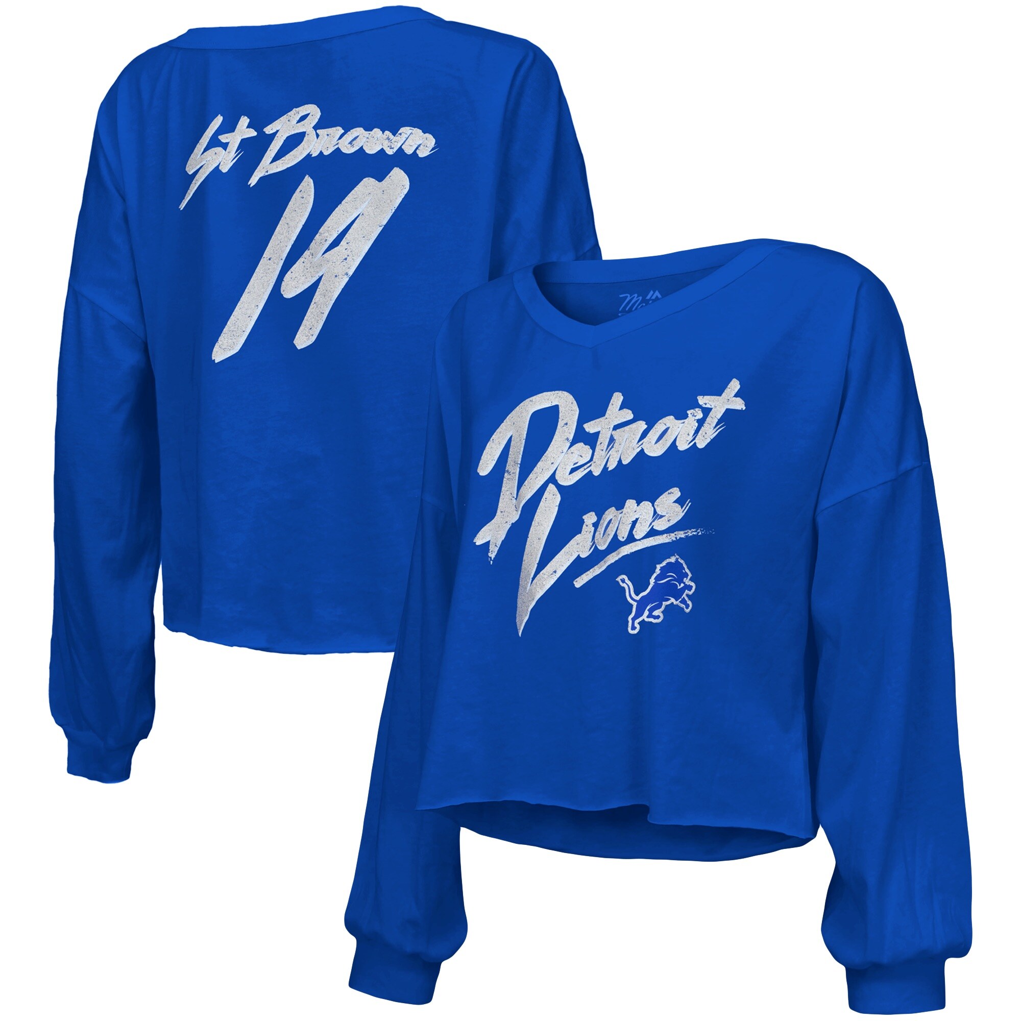 Women's Majestic Threads Amon-Ra St. Brown Blue Detroit Lions Name & Number Off-Shoulder Script Cropped Long Sleeve Relaxed V-Neck T-Shirt