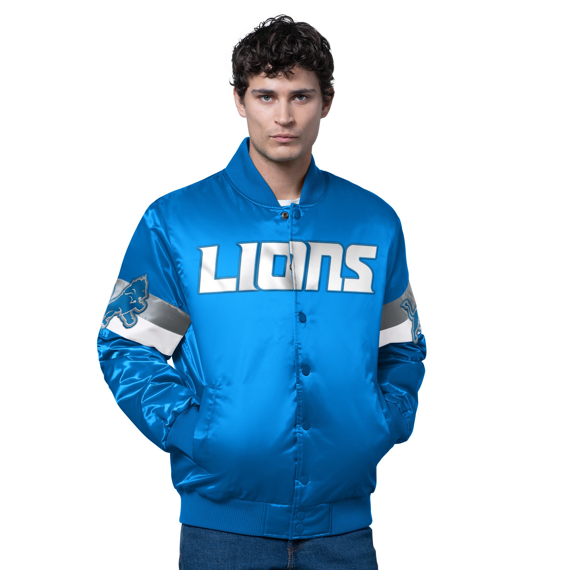 Men's Starter Blue Detroit Lions Triple Option Satin Varsity Full-Snap Jacket