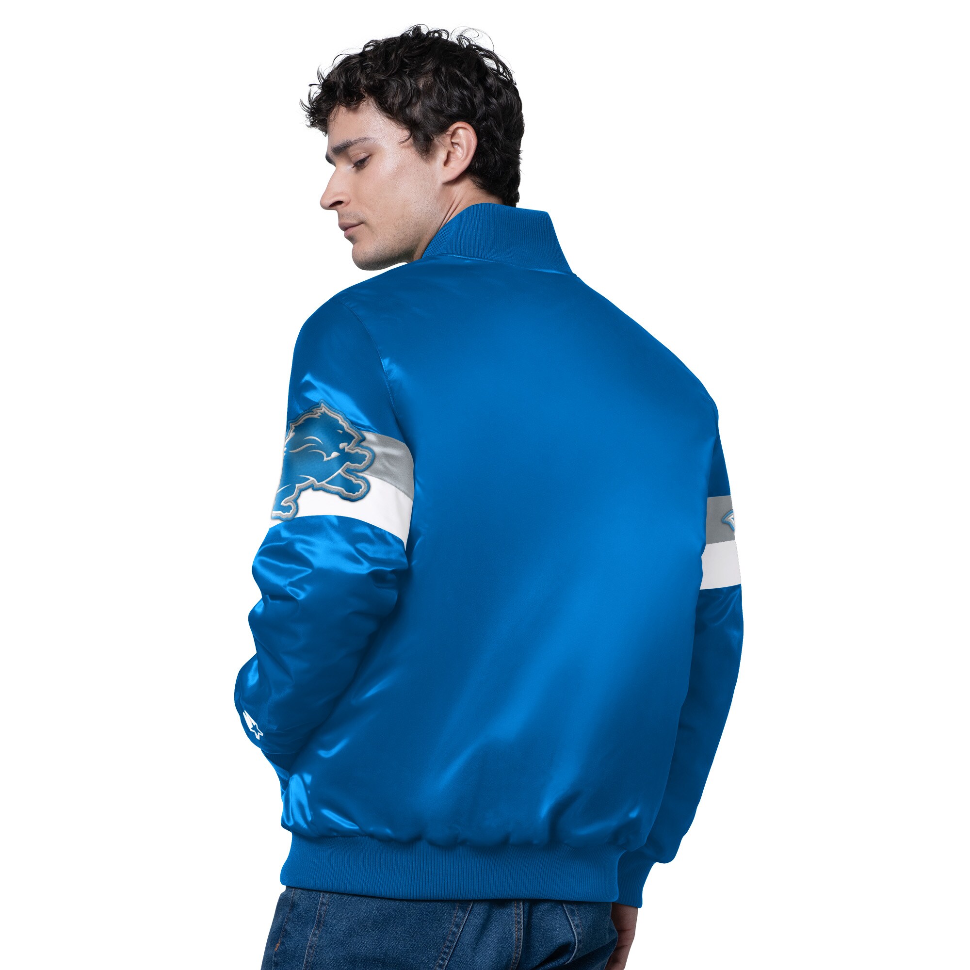 Men's Starter Blue Detroit Lions Triple Option Satin Varsity Full-Snap Jacket