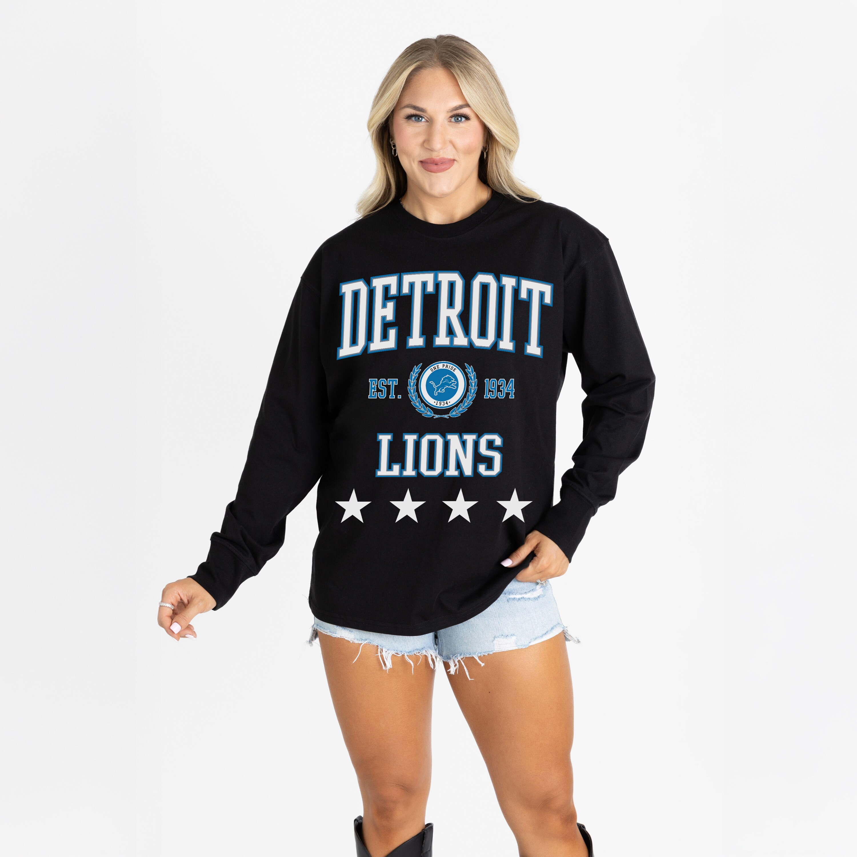 Women's Gameday Couture Black Detroit Lions Oversized Everyday Star Long Sleeve T-Shirt