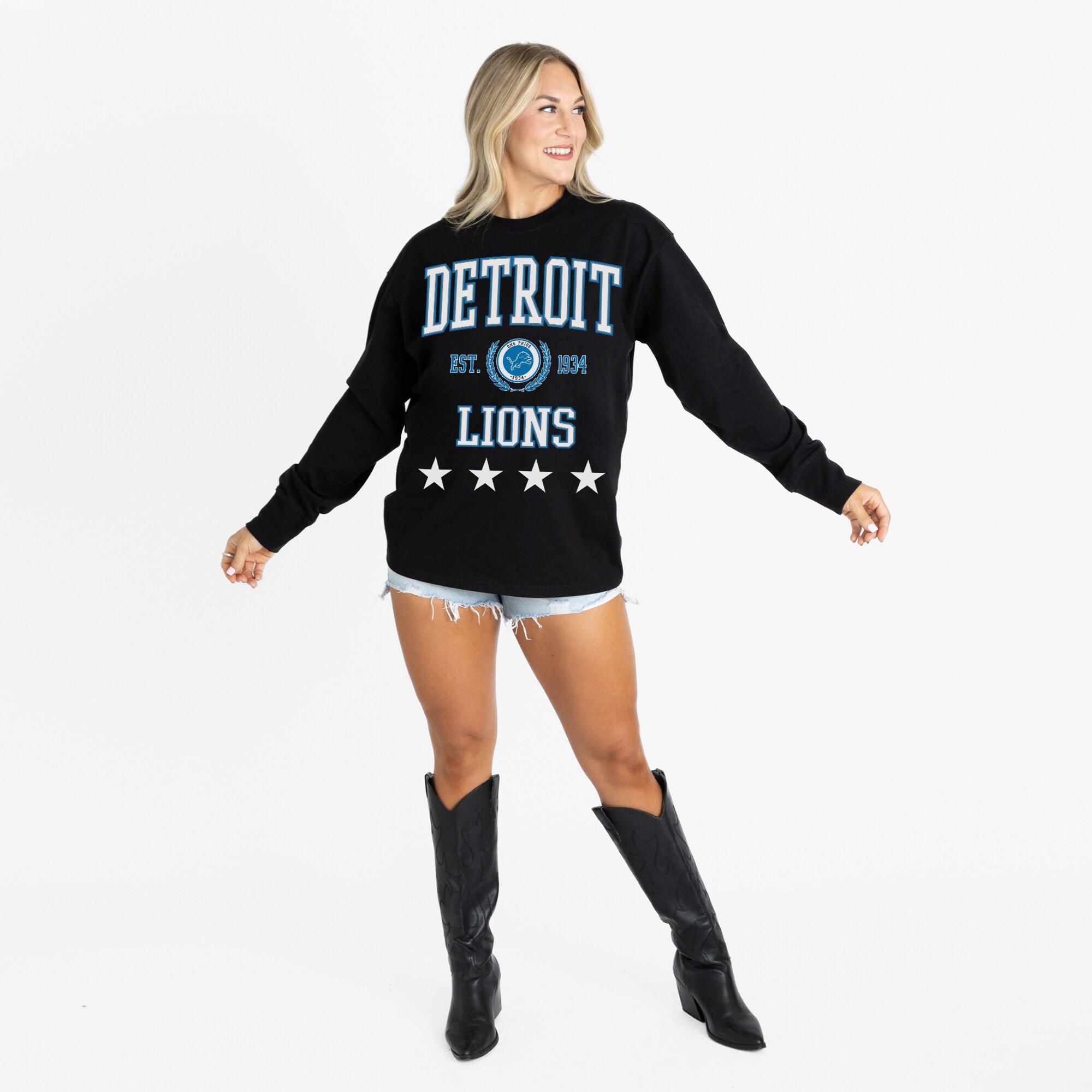 Women's Gameday Couture Black Detroit Lions Oversized Everyday Star Long Sleeve T-Shirt 3 Women's Gameday Couture Black Detroit Lions Oversized Everyday Star Long Sleeve T-Shirt