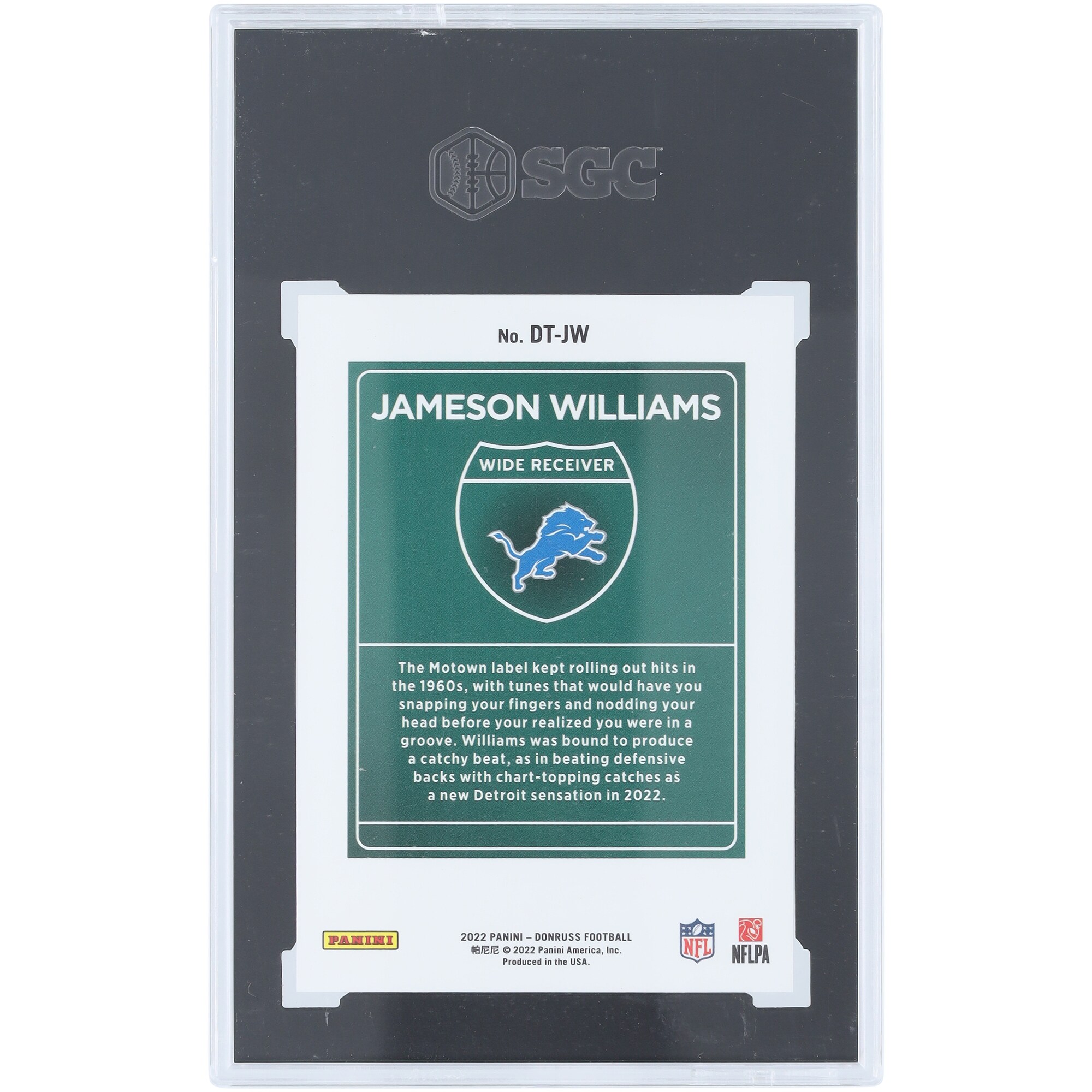 Jameson Williams Detroit Lions 2022 Panini Donruss Downtown #DT-JW SGC Authenticated 10 Rookie Card