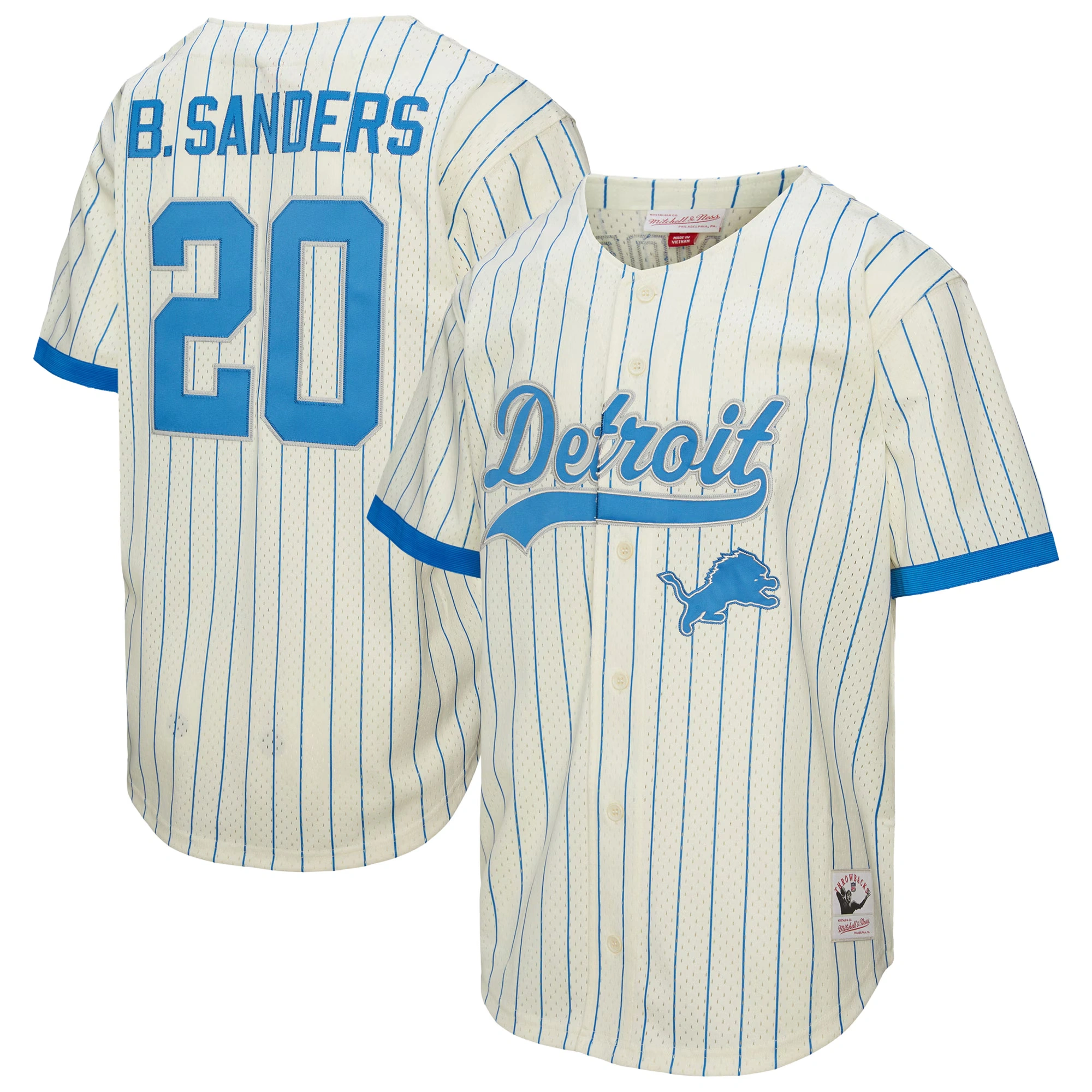 Men's Mitchell & Ness Barry Sanders Cream Detroit Lions Name & Number Mesh Button-Up Baseball Jersey