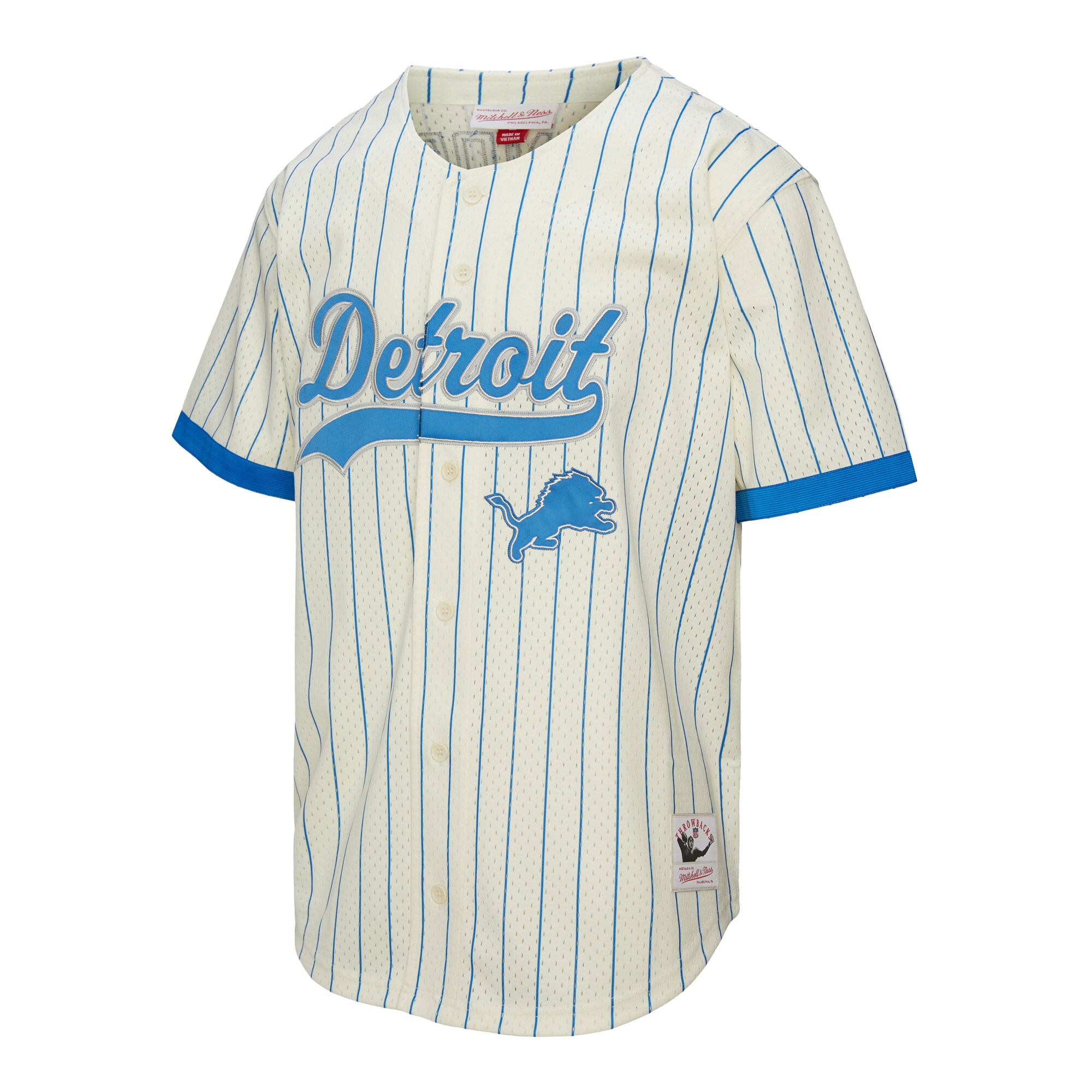 Men's Mitchell & Ness Barry Sanders Cream Detroit Lions Name & Number Mesh Button-Up Baseball Jersey